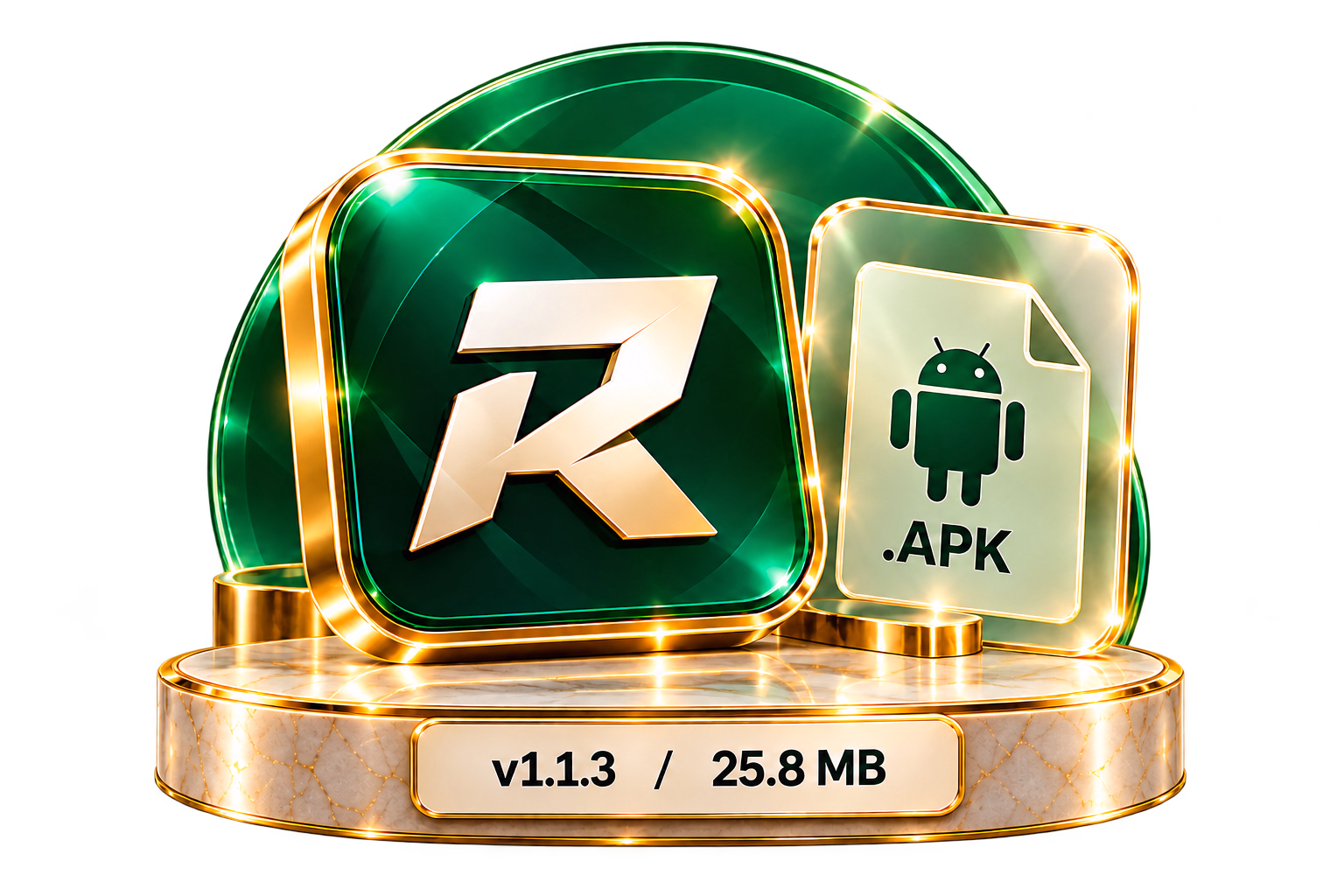 Rajabets App icon and Android APK document on marble pedestal